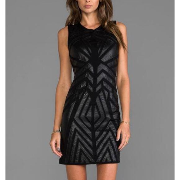 GREYLIN Ollie Black Faux Leather Geometric Patch Sheath Dress Size Large - Picture 4 of 11